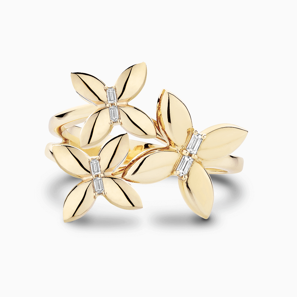The Ecksand Butterfly Trio Diamond Ring shown with Lab-grown VS2+/ F+ in 14k Yellow Gold