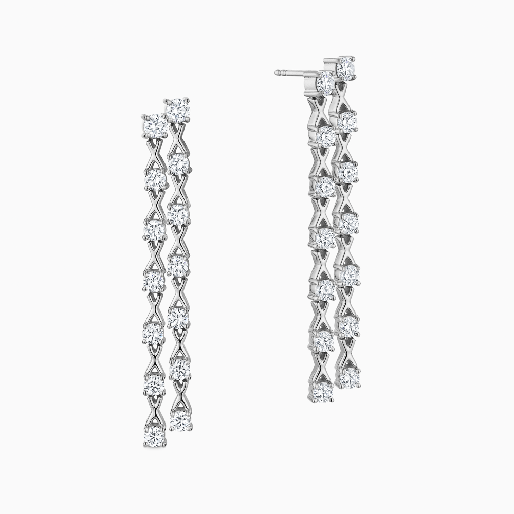 The Ecksand Interlocking X's Double Diamond Dangle Earrings shown with Lab-grown VS2+/ F+ in 18k White Gold