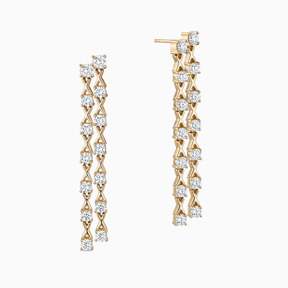 The Ecksand Interlocking X's Double Diamond Dangle Earrings shown with Natural VS2+/ F+ in 14k Yellow Gold