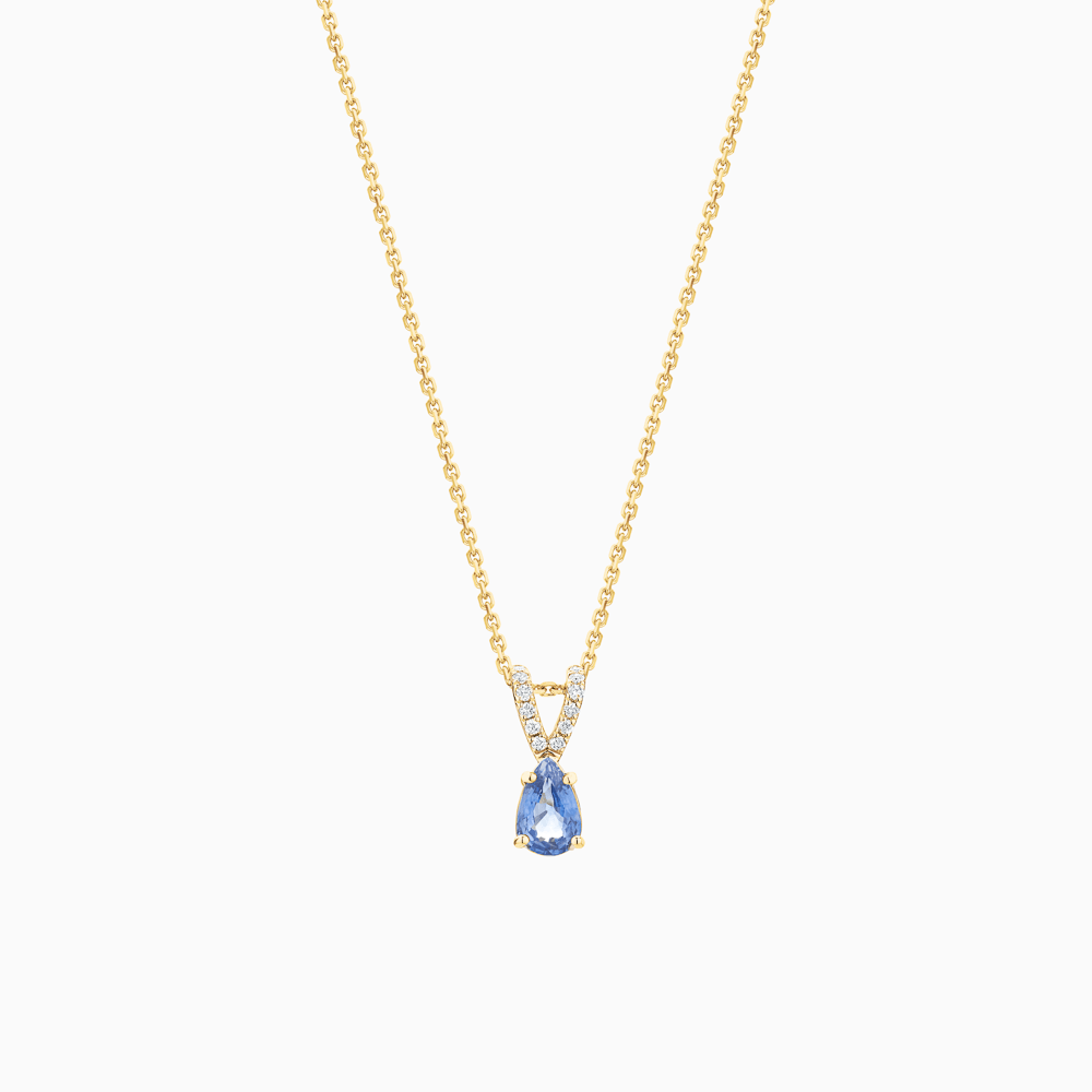 The Ecksand Blue Sapphire Pendant Necklace with Accent Diamonds shown with Natural VS2+/ F+ in 14k Yellow Gold