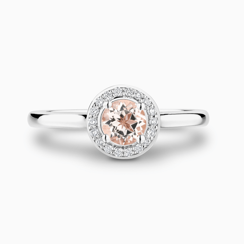 The Ecksand Bright-Cut Morganite Engagement Ring with Diamond Halo shown with  in 18k White Gold