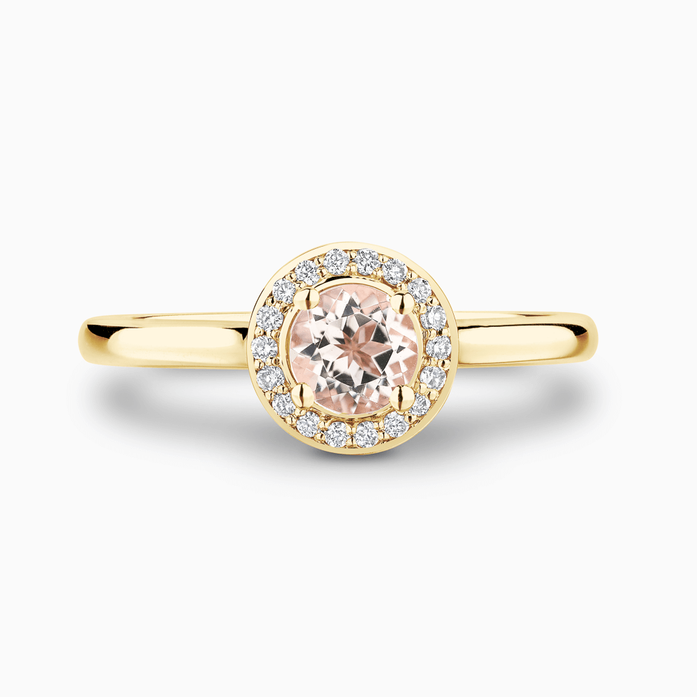 The Ecksand Bright-Cut Morganite Engagement Ring with Diamond Halo shown with  in 18k Yellow Gold