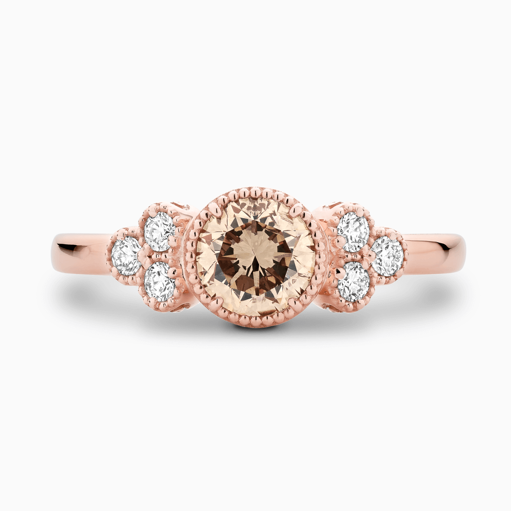 The Ecksand Vintage Champagne Diamond Engagement Ring with Six Side Diamonds shown with  in 14k Rose Gold