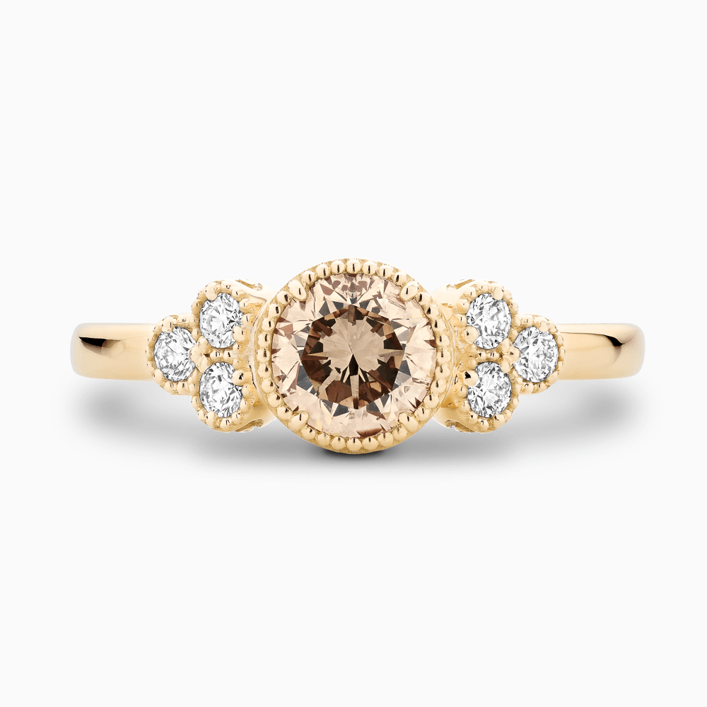 The Ecksand Vintage Champagne Diamond Engagement Ring with Six Side Diamonds shown with  in 18k Yellow Gold