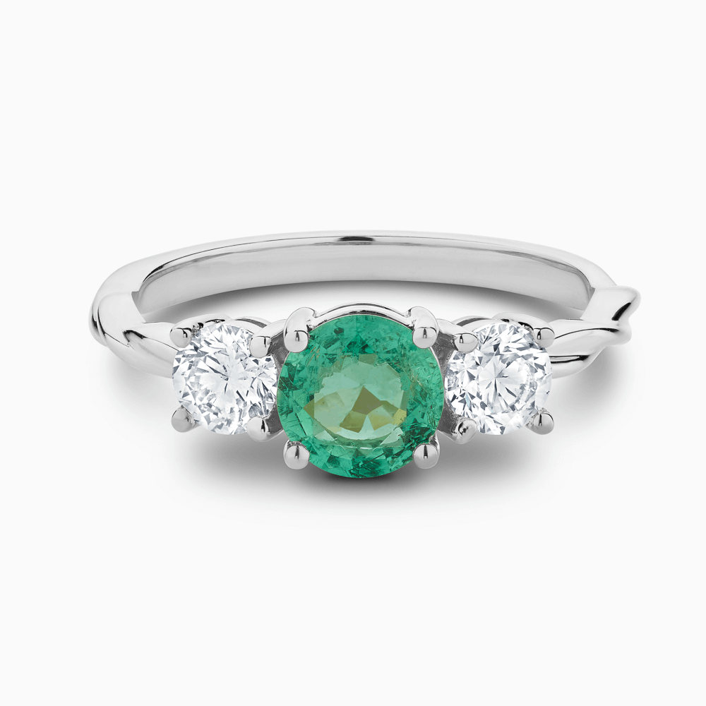 The Ecksand Three-Stone Emerald and Diamonds Engagement Ring with Twisted Band shown with  in Platinum