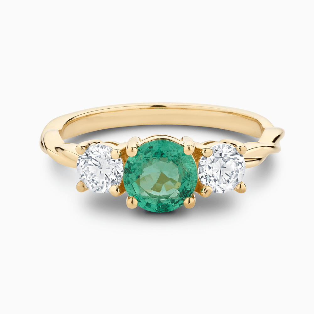 Three Stone Emerald and Diamonds Engagement Ring with Twisted Band