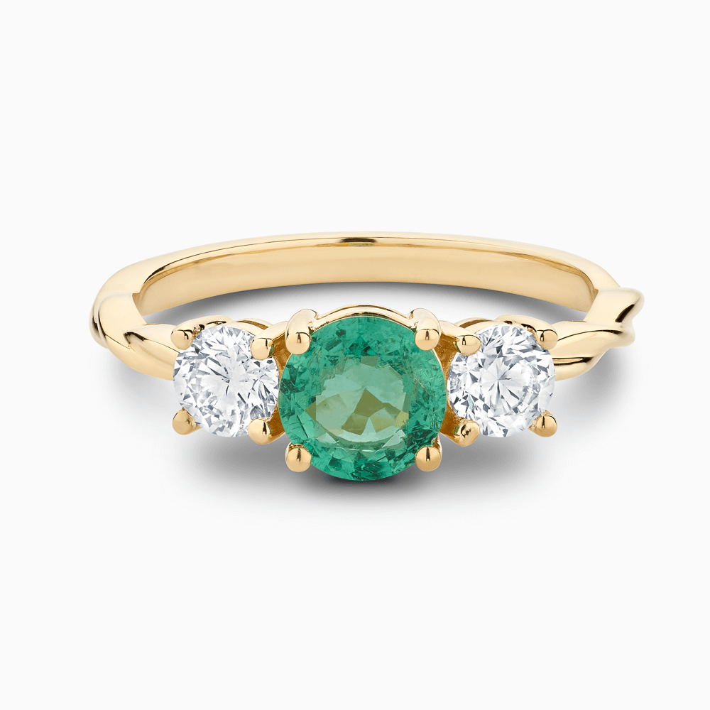 The Ecksand Three-Stone Emerald and Diamonds Engagement Ring with Twisted Band shown with  in 18k Yellow Gold