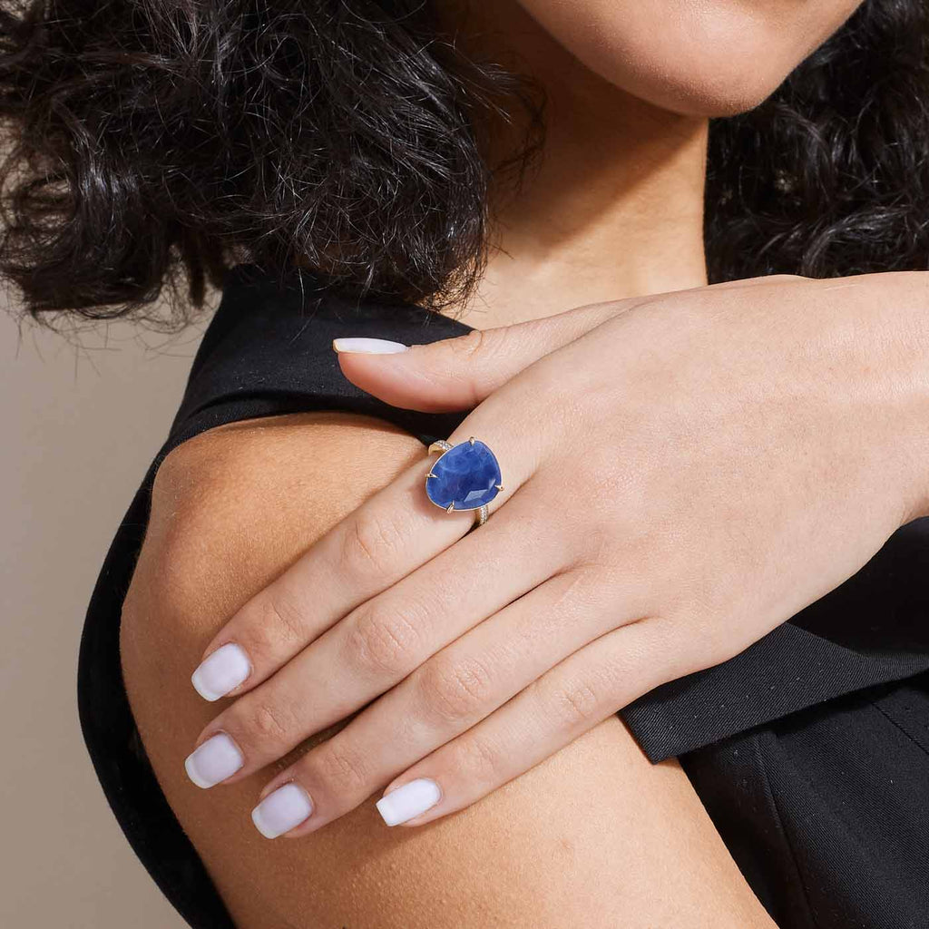The Ecksand Rose-Cut Blue Sapphire Cocktail Ring with Diamond Pavé shown with  in 