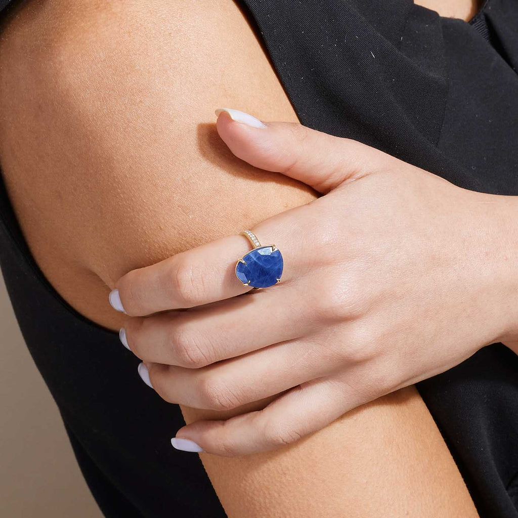 The Ecksand Rose-Cut Blue Sapphire Cocktail Ring with Diamond Pavé shown with  in 