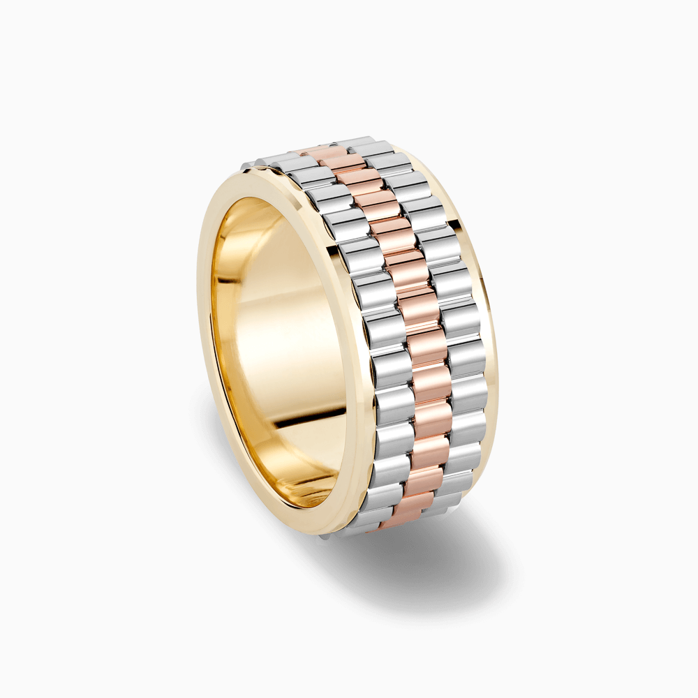 The Ecksand Three-Tone Ridged Wedding Ring shown with  in 18k White Yellow and Rose Gold