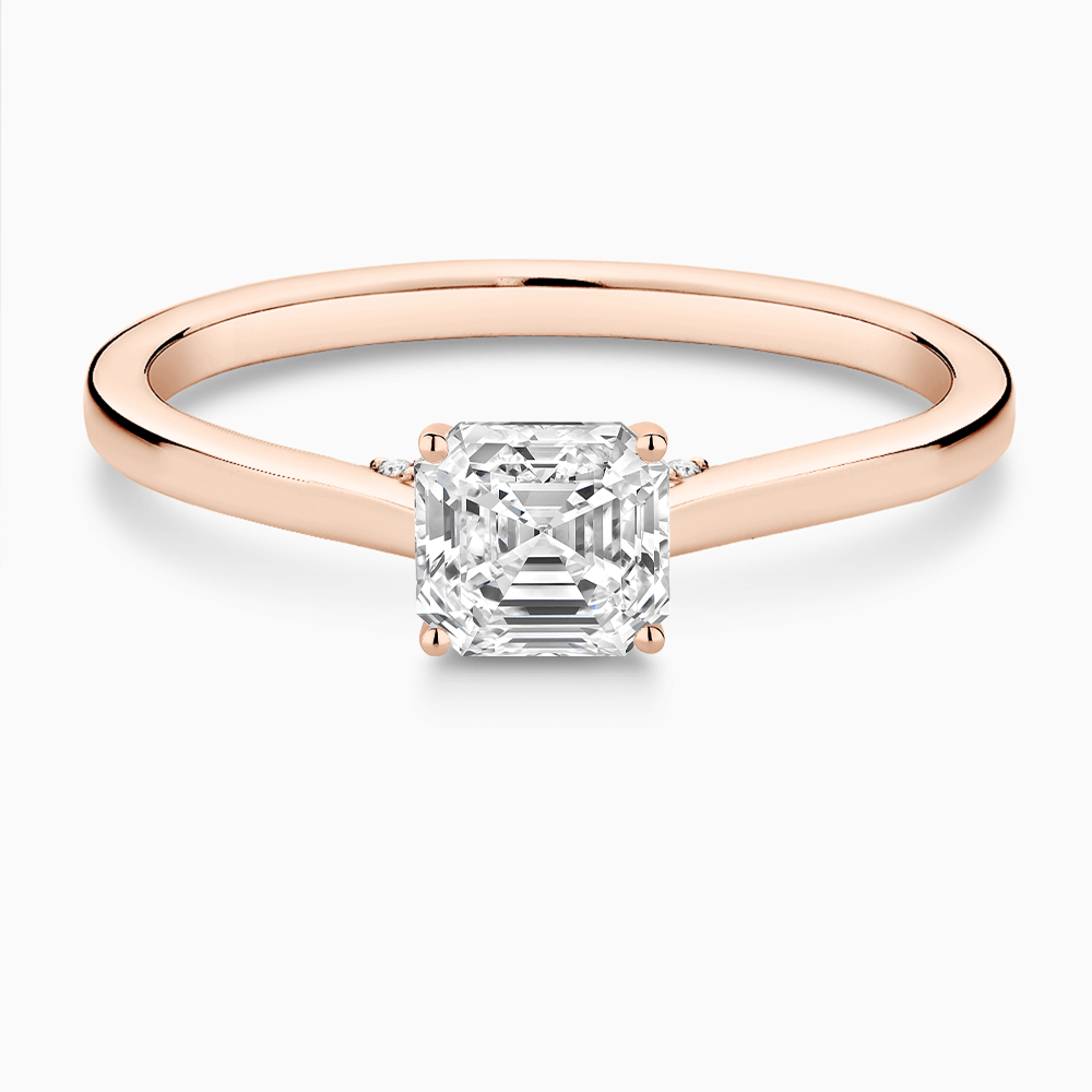 The Ecksand Solitaire Engagement Ring with Diamond Pavé Bridge and Hidden Diamond shown with Asscher in 14k Rose Gold