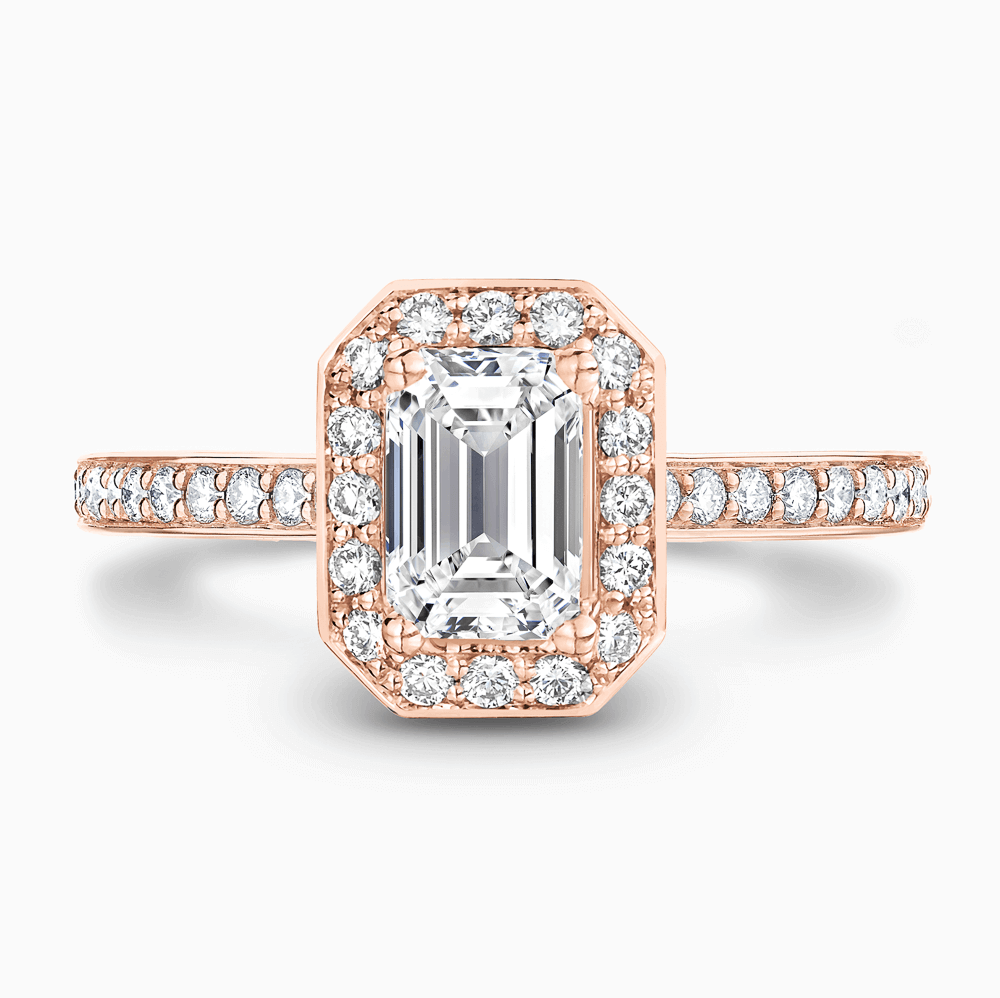 The Ecksand Diamond Halo Engagement Ring with Bright-Cut Diamond Band shown with Emerald in 14k Rose Gold