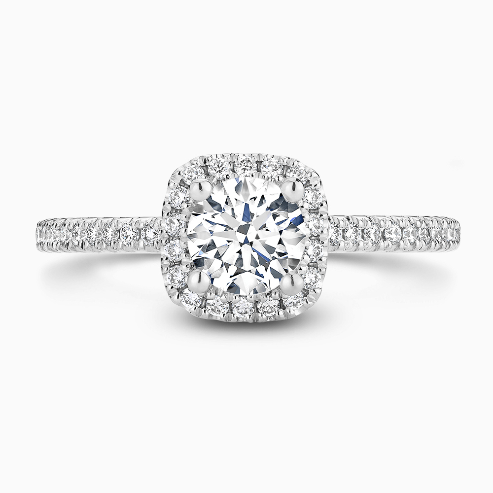 The Ecksand Cushion Halo Diamond Engagement Ring with Diamond Band shown with Round in 18k White Gold