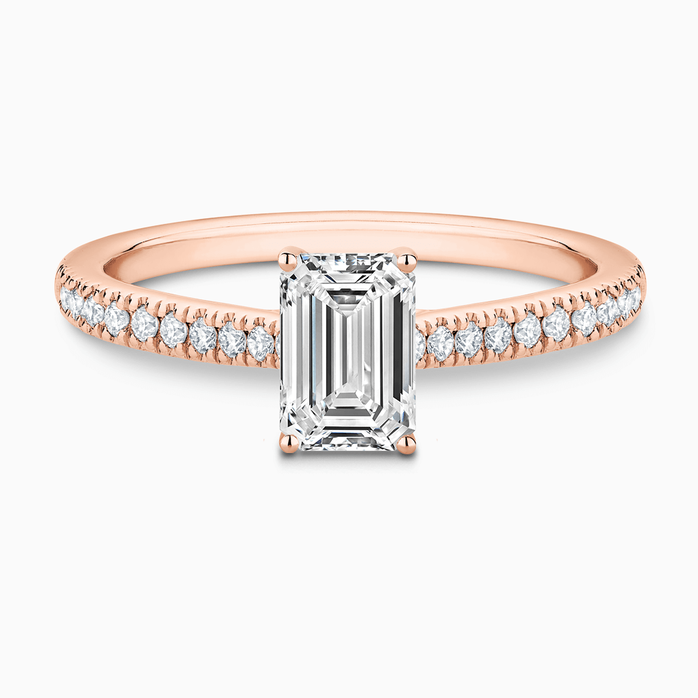 The Ecksand Diamond Engagement Ring with Secret Heart and Diamond Band shown with Emerald in 14k Rose Gold