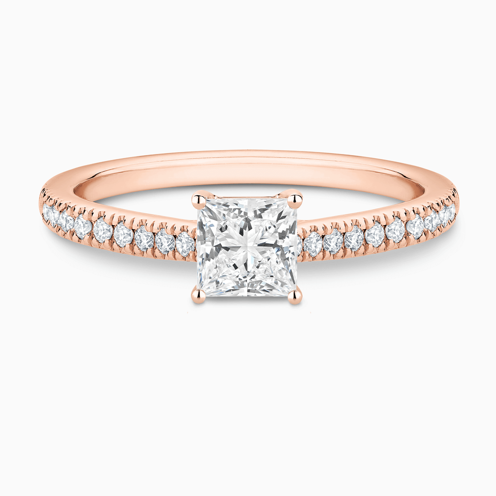 The Ecksand Diamond Engagement Ring with Secret Heart and Diamond Band shown with Princess in 14k Rose Gold