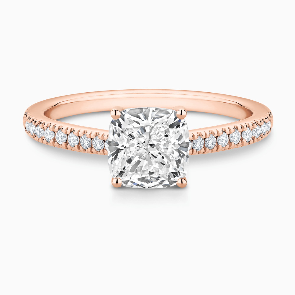 The Ecksand Diamond Engagement Ring with Secret Heart and Diamond Band shown with Cushion in 14k Rose Gold