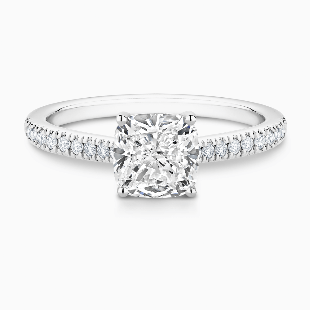 The Ecksand Diamond Engagement Ring with Secret Heart and Diamond Band shown with Cushion in 18k White Gold