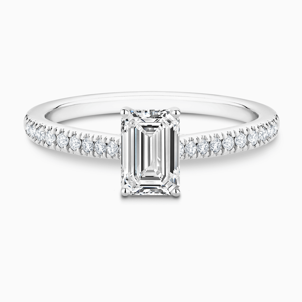 The Ecksand Diamond Engagement Ring with Secret Heart and Diamond Band shown with Emerald in 18k White Gold