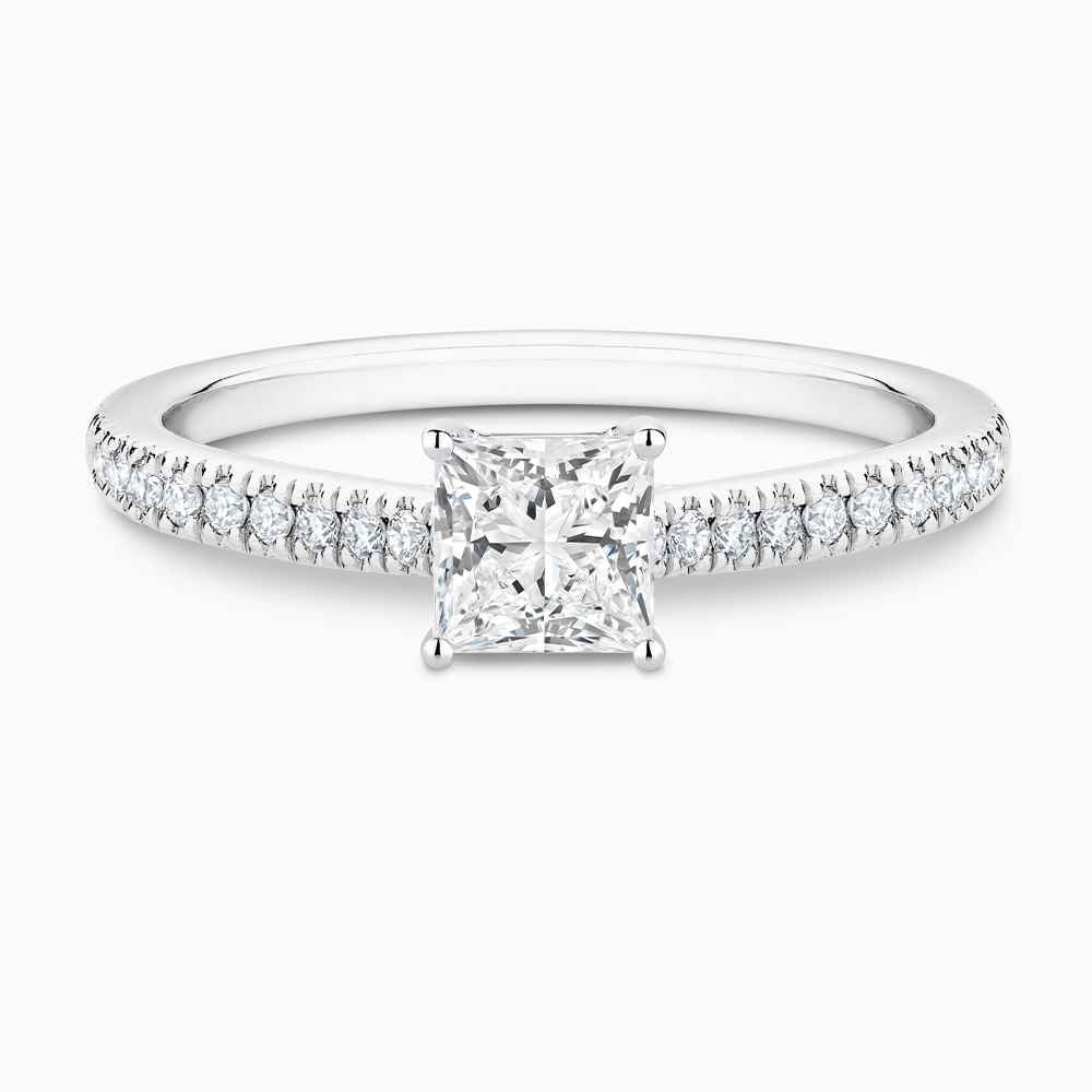 The Ecksand Diamond Engagement Ring with Secret Heart and Diamond Band shown with Princess in 18k White Gold
