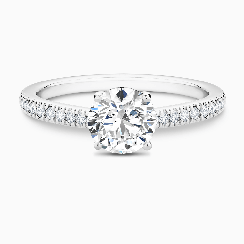 The Ecksand Diamond Engagement Ring with Secret Heart and Diamond Band shown with Round in 18k White Gold