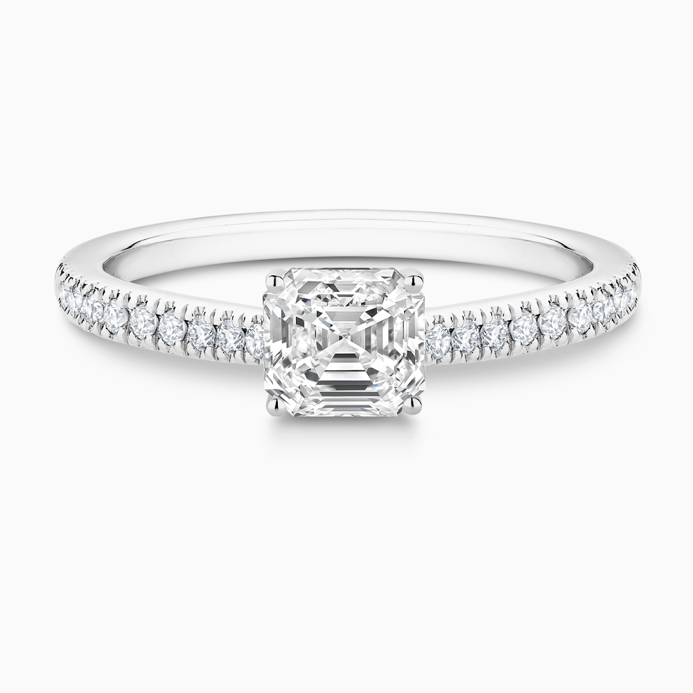 The Ecksand Diamond Engagement Ring with Secret Heart and Diamond Band shown with Asscher in 18k White Gold
