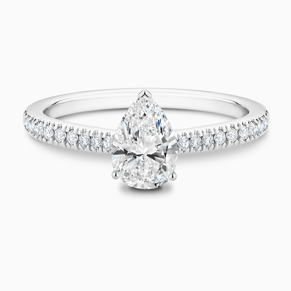The Ecksand Diamond Engagement Ring with Secret Heart and Diamond Band shown with Pear in 18k White Gold