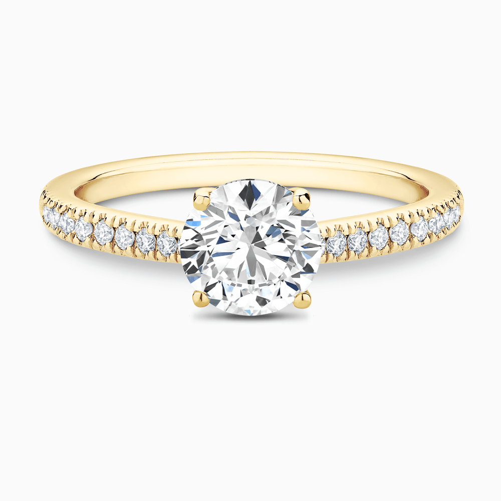The Ecksand Diamond Engagement Ring with Secret Heart and Diamond Band shown with Round in 18k Yellow Gold