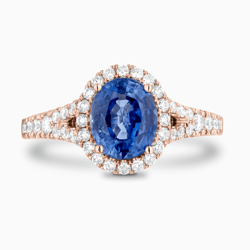 The Ecksand Split Shank Blue Sapphire Engagement Ring with Diamond Halo shown with  in 14k Rose Gold