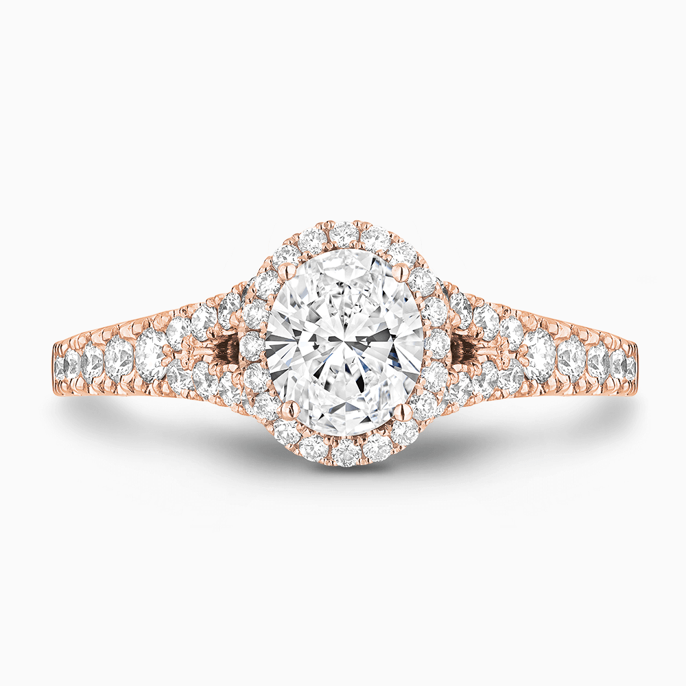 The Ecksand Split Shank Diamond Engagement Ring with Diamond Halo shown with Oval in 14k Rose Gold