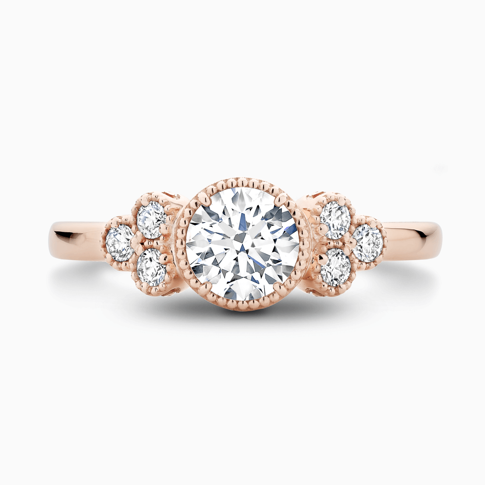 The Ecksand Vintage Diamond Engagement Ring with Six Side Diamonds shown with Round in 14k Rose Gold