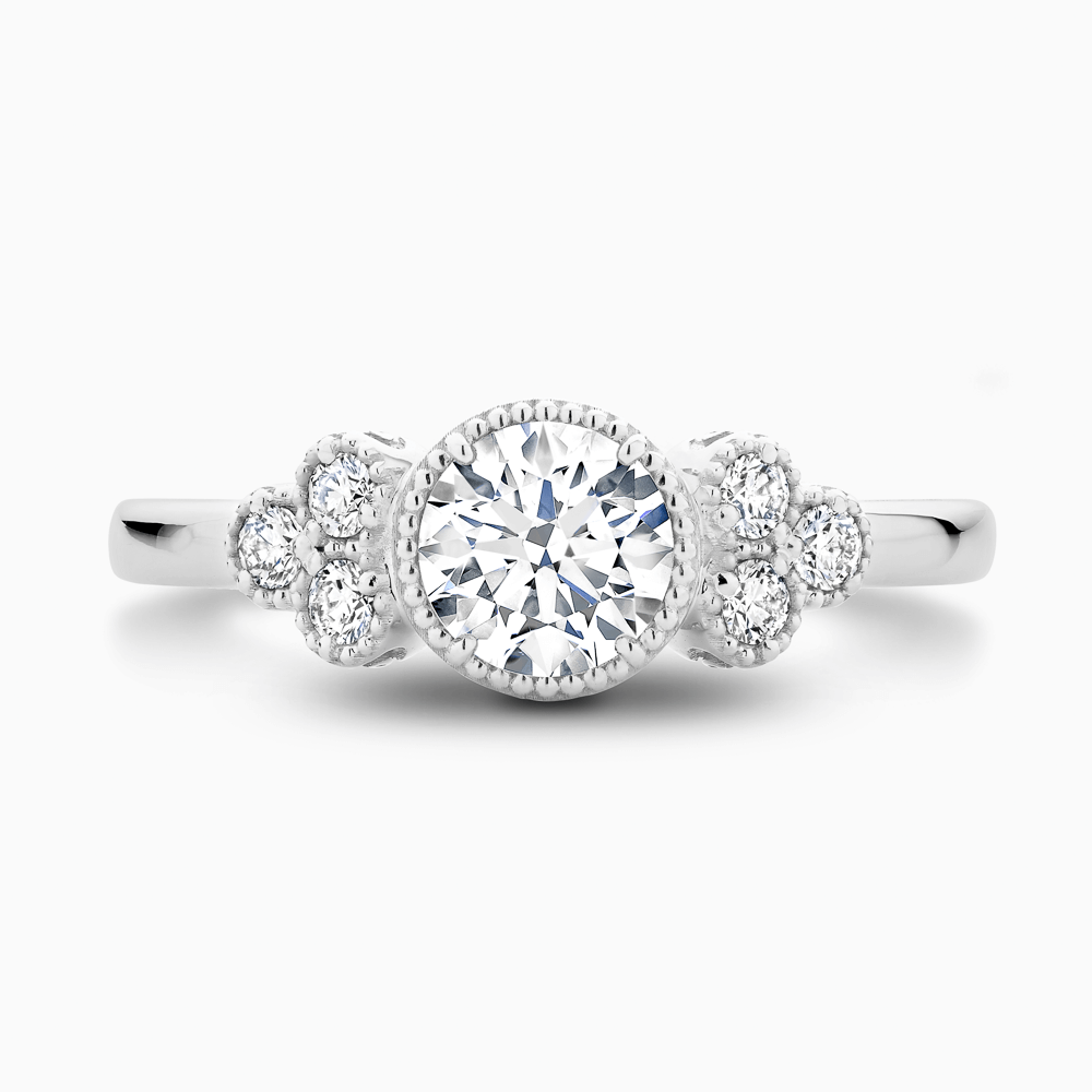 The Ecksand Vintage Diamond Engagement Ring with Six Side Diamonds shown with Round in 18k White Gold