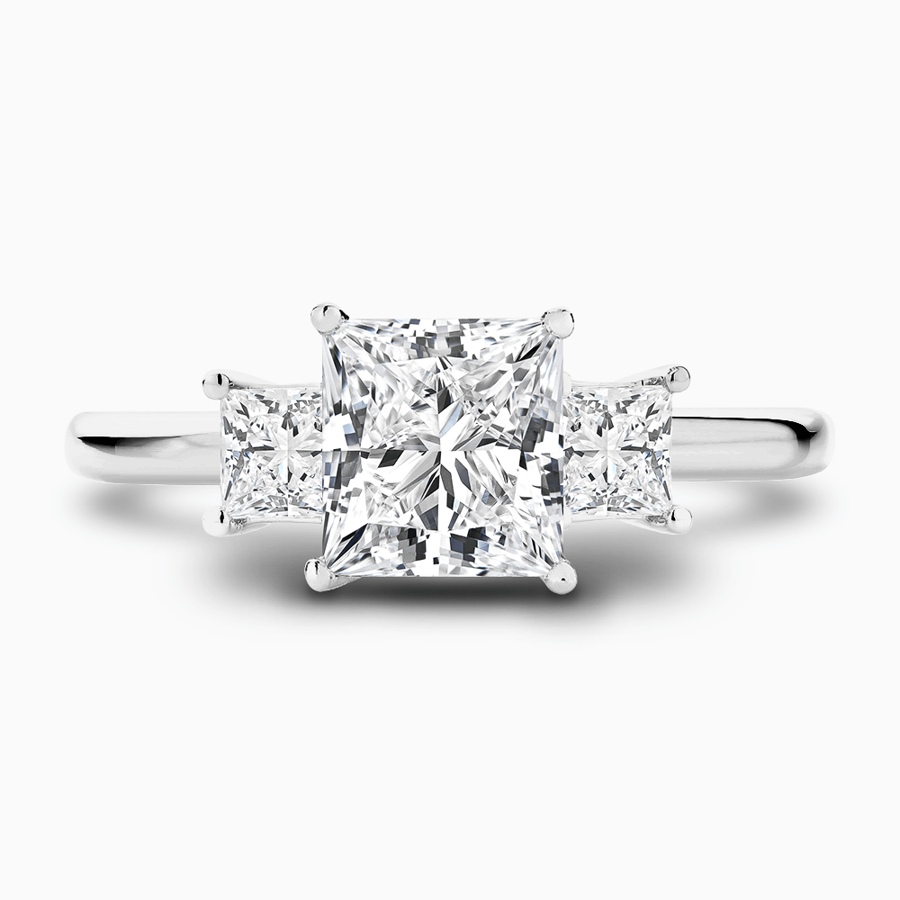 The Ecksand Three-Stone Diamond Engagement Ring shown with Princess in Platinum