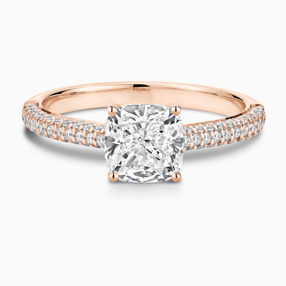 The Ecksand Diamond Engagement Ring with Diamond Pavé Cathedral Setting shown with Cushion in 14k Rose Gold