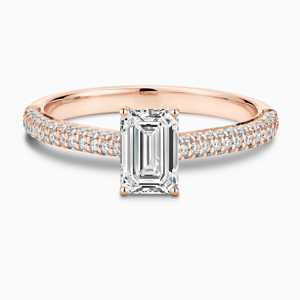The Ecksand Diamond Engagement Ring with Diamond Pavé Cathedral Setting shown with Emerald in 14k Rose Gold