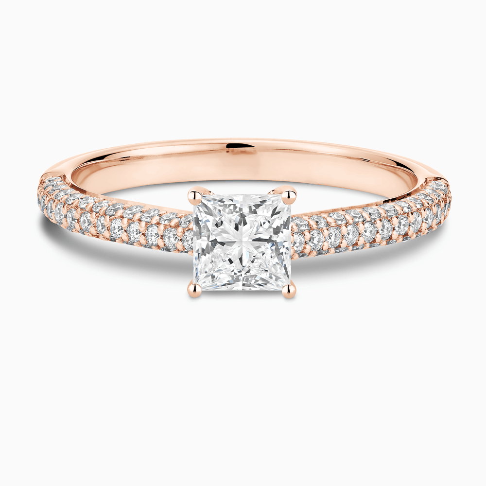 The Ecksand Diamond Engagement Ring with Diamond Pavé Cathedral Setting shown with Princess in 14k Rose Gold