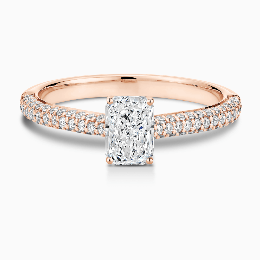 The Ecksand Diamond Engagement Ring with Diamond Pavé Cathedral Setting shown with Radiant in 14k Rose Gold