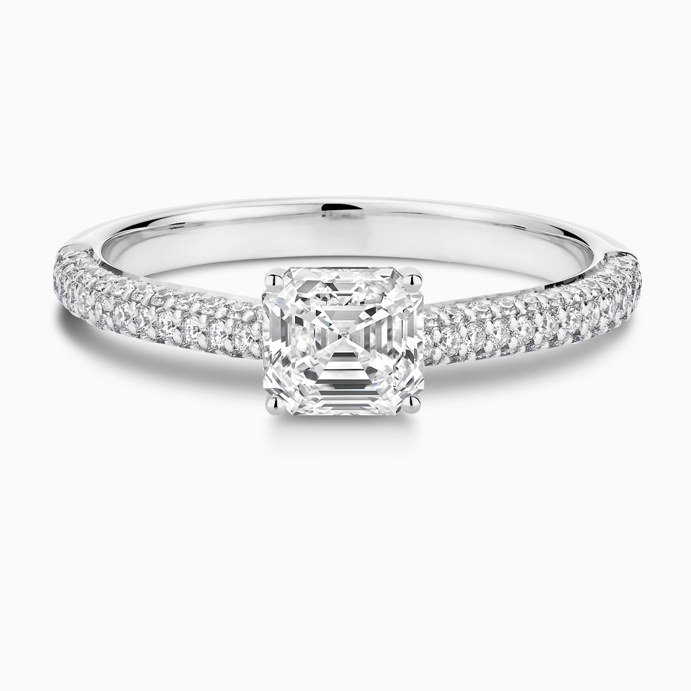 The Ecksand Diamond Engagement Ring with Diamond Pavé Cathedral Setting shown with Asscher in 18k White Gold