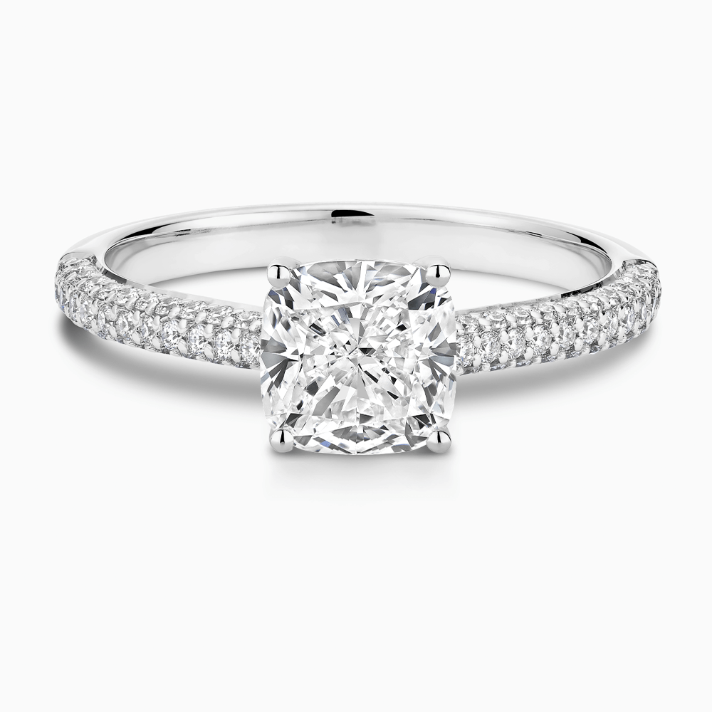 The Ecksand Diamond Engagement Ring with Diamond Pavé Cathedral Setting shown with Cushion in 18k White Gold