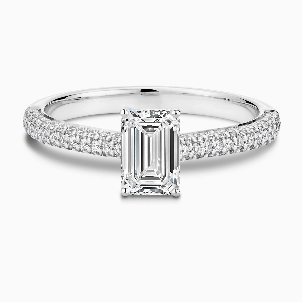 The Ecksand Diamond Engagement Ring with Diamond Pavé Cathedral Setting shown with Emerald in 18k White Gold