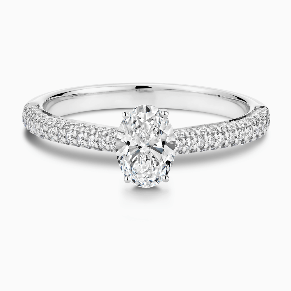 The Ecksand Diamond Engagement Ring with Diamond Pavé Cathedral Setting shown with Oval in 18k White Gold