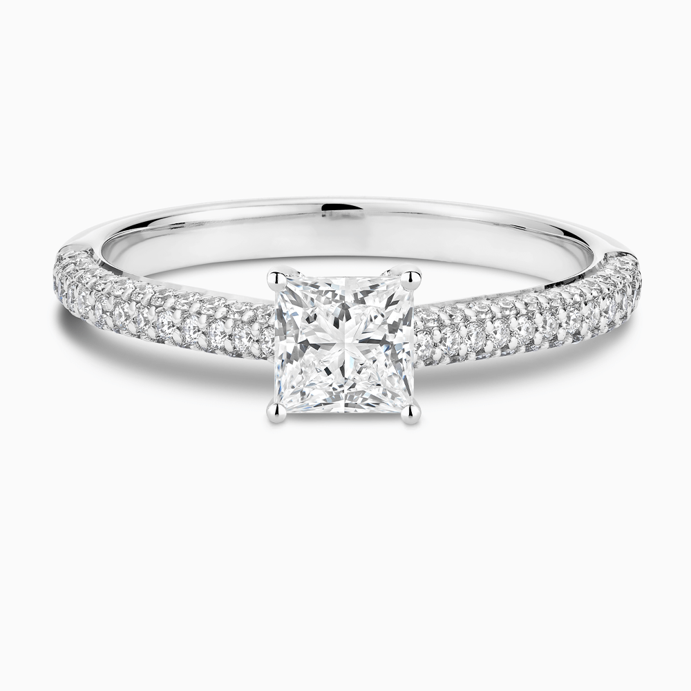 The Ecksand Diamond Engagement Ring with Diamond Pavé Cathedral Setting shown with Princess in 18k White Gold