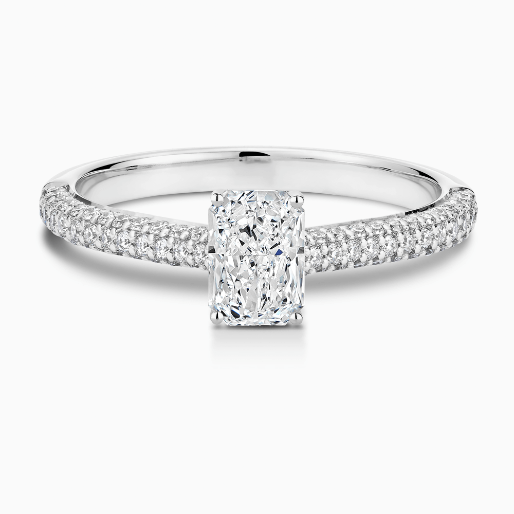 The Ecksand Diamond Engagement Ring with Diamond Pavé Cathedral Setting shown with Radiant in 18k White Gold