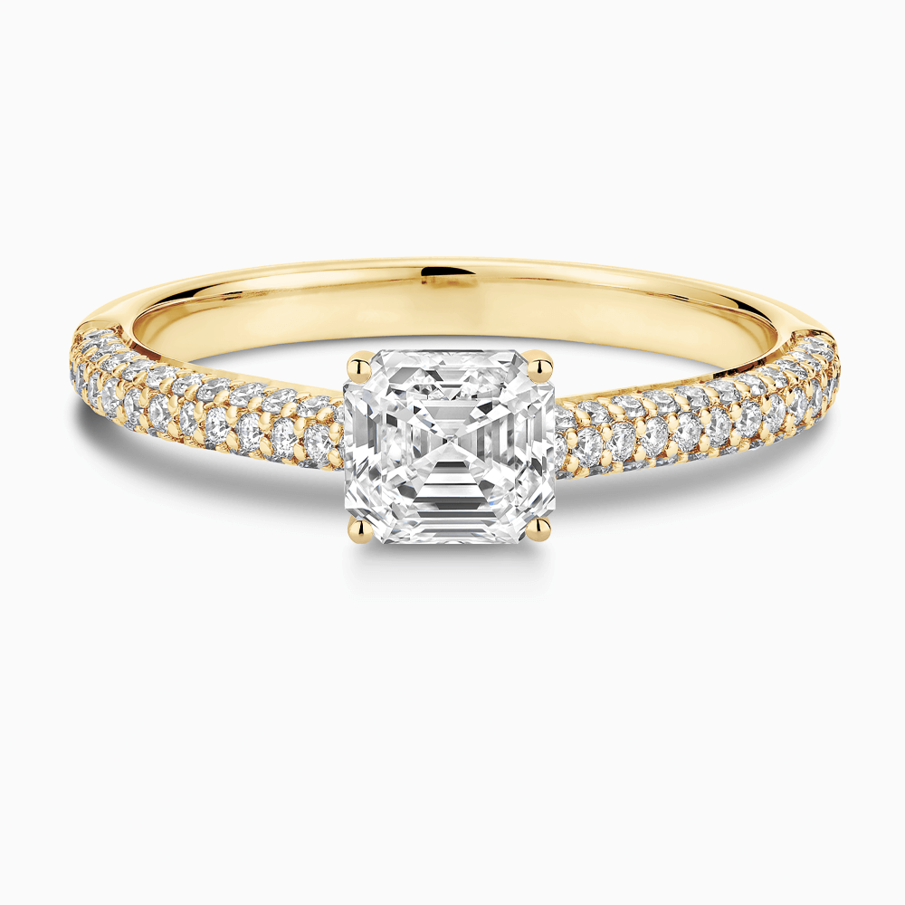 The Ecksand Diamond Engagement Ring with Diamond Pavé Cathedral Setting shown with Asscher in 18k Yellow Gold