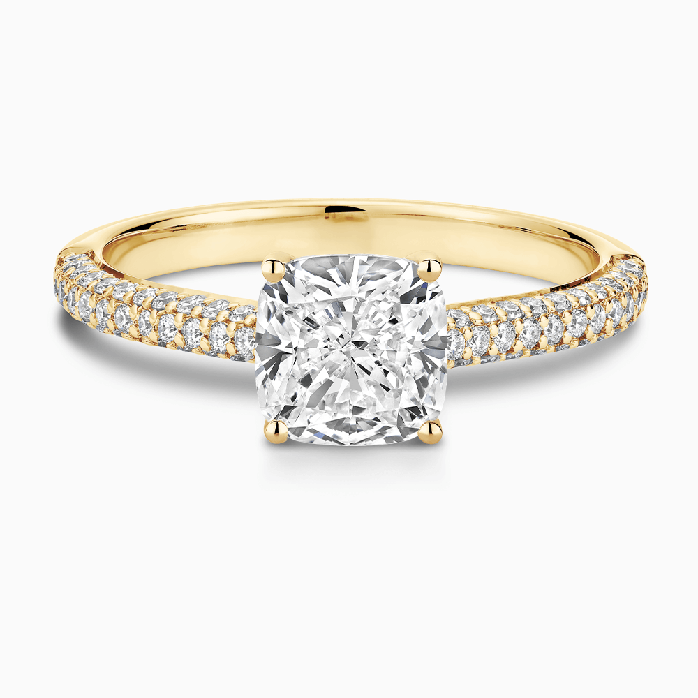 The Ecksand Diamond Engagement Ring with Diamond Pavé Cathedral Setting shown with Cushion in 18k Yellow Gold