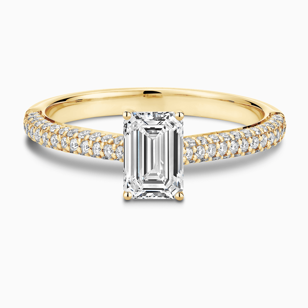 The Ecksand Diamond Engagement Ring with Diamond Pavé Cathedral Setting shown with Emerald in 18k Yellow Gold