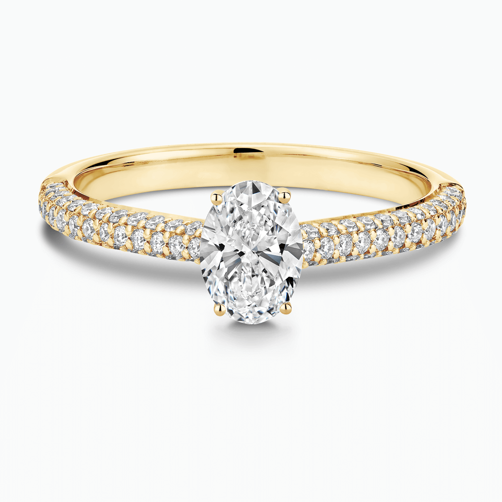 The Ecksand Diamond Engagement Ring with Diamond Pavé Cathedral Setting shown with Oval in 18k Yellow Gold
