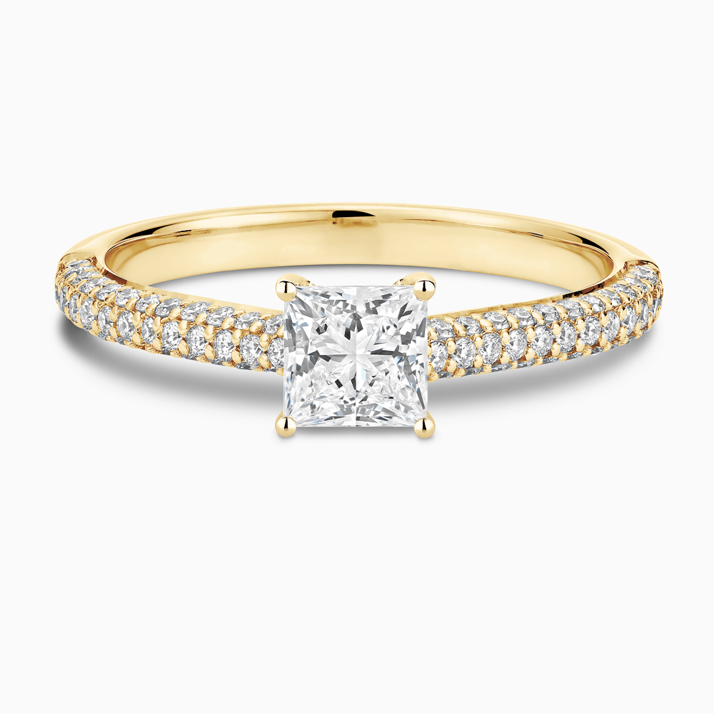 The Ecksand Diamond Engagement Ring with Diamond Pavé Cathedral Setting shown with Princess in 18k Yellow Gold
