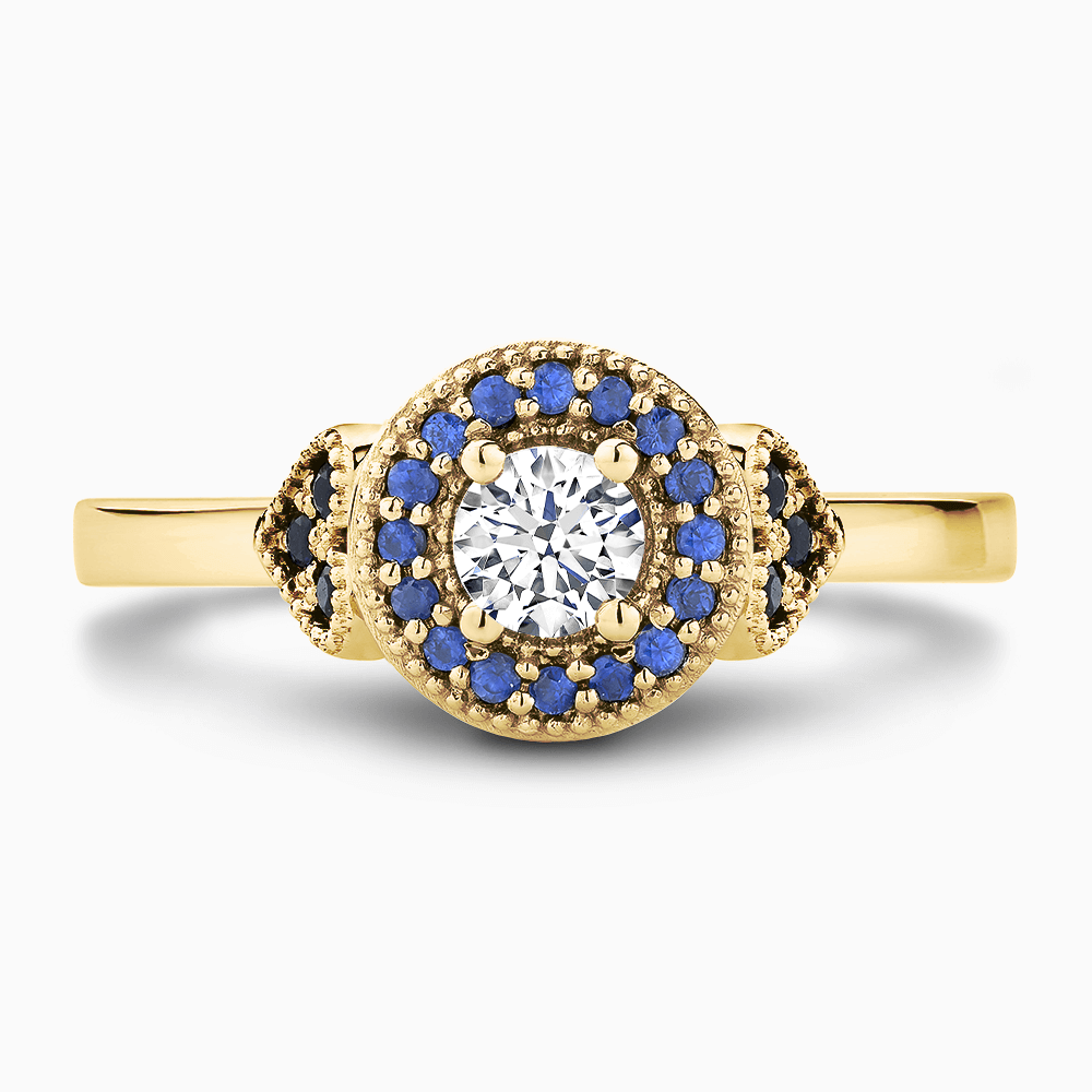 The Ecksand Diamond Engagement Ring with Blue Sapphire Halo and Side Stones shown with  in 