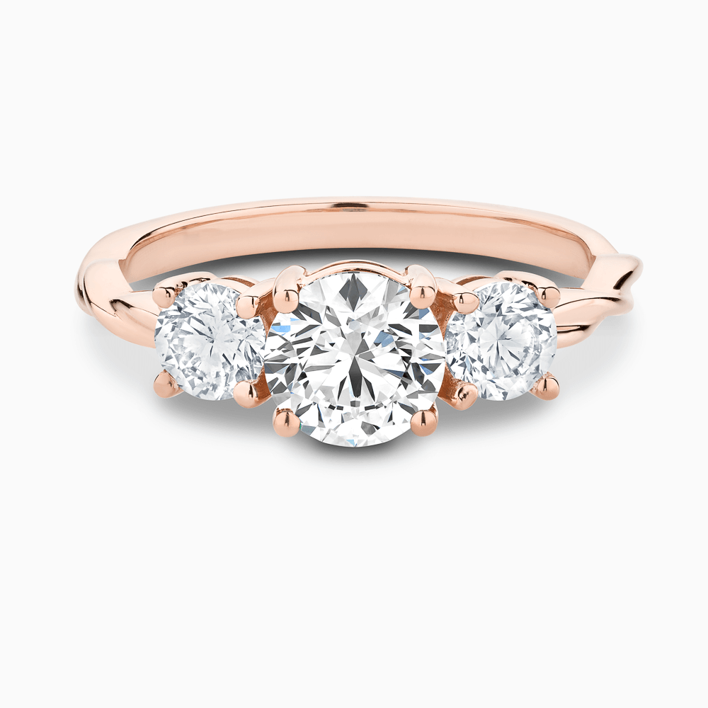 The Ecksand Three-Stone Diamond Engagement Ring with Twisted Band shown with Round in 14k Rose Gold