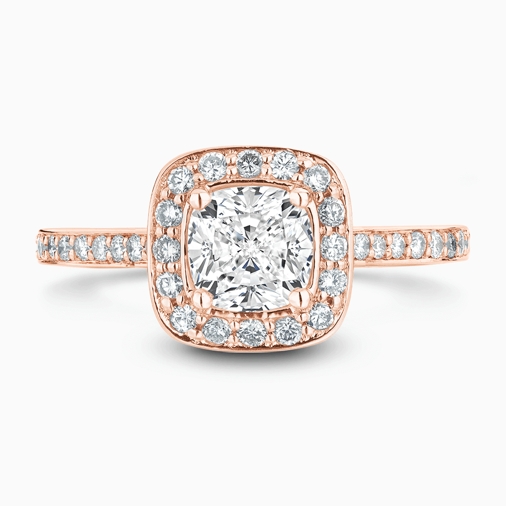 The Ecksand Diamond Halo Engagement Ring with Bright-Cut Diamond Band shown with Cushion in 14k Rose Gold